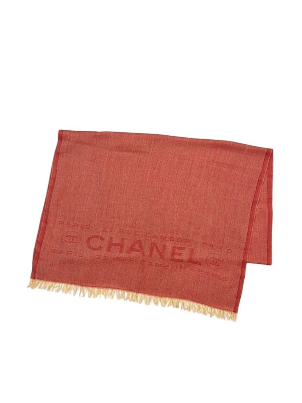 Chanel Shawl Red CC Logo Already Cleaned Fringe Cashmere 100% Chanek Scarf